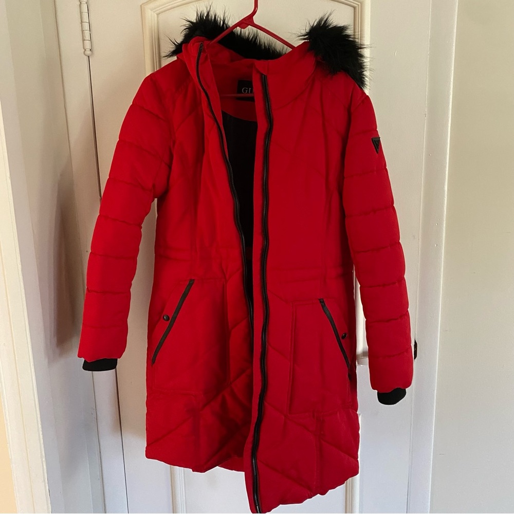 Guess Red Mid length Puffer Winter Coat size Medium
